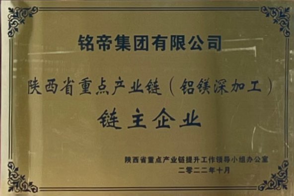 銘帝集團(tuán)有限公司榮獲陜西省重點(diǎn)產(chǎn)業(yè)鏈（鋁鎂深加工）鏈主企業(yè)